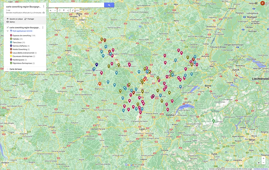 Carte Coworking Bourgogne Franche Comté
